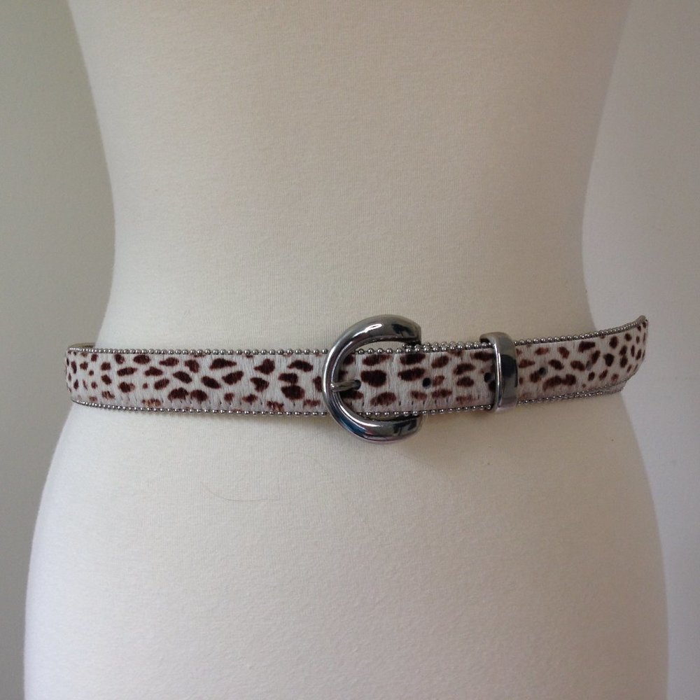 Cowhide Belt with brass buckle & silver bead trim
